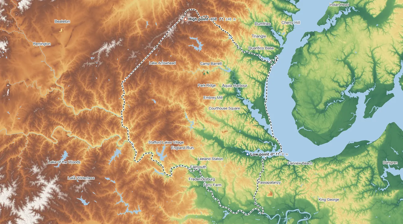 Topographic elevation map of Stafford County, Virginia, shaded from 0 ft on the southeast side to 460 ft on the north side