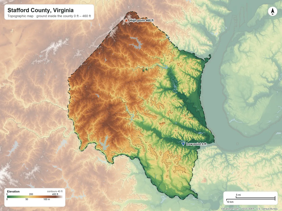 Topographic elevation map of Stafford County, Virginia, shaded from 0 ft on the southeast side to 460 ft on the north side