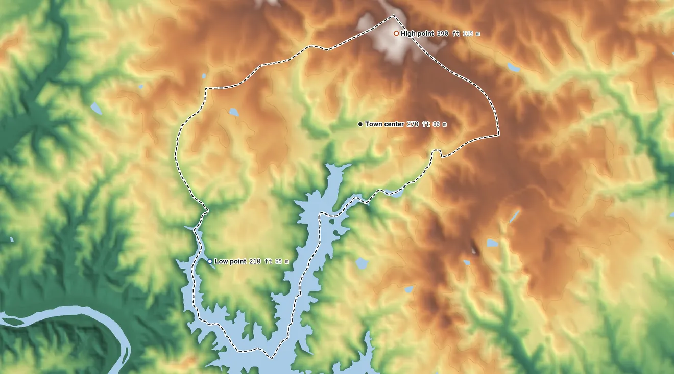 Topographic elevation map of Stafford Lakes Village, Virginia, shaded from 210 ft on the southwest side to 390 ft on the north side