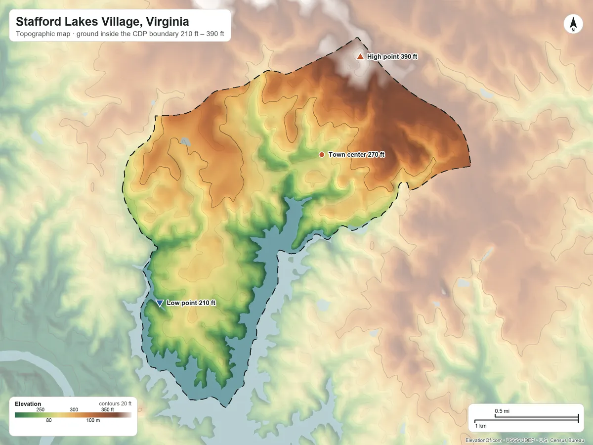 Topographic elevation map of Stafford Lakes Village, Virginia, shaded from 210 ft on the southwest side to 390 ft on the north side