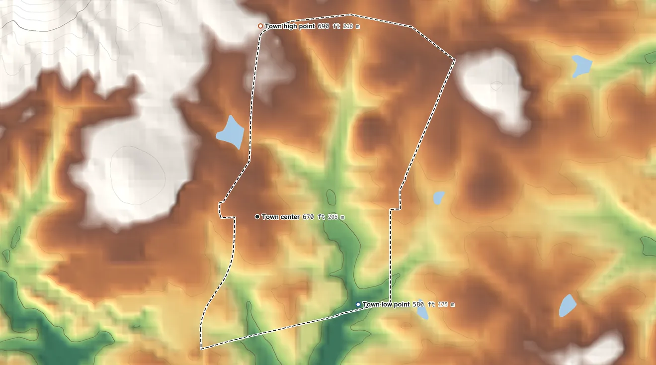 Topographic elevation map of Stanardsville, Virginia, shaded from 580 ft on the southeast side to 690 ft at the foot of the Southwest Mountains