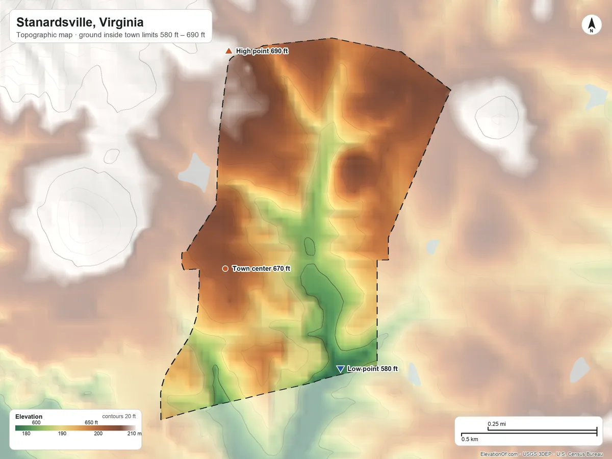 Topographic elevation map of Stanardsville, Virginia, shaded from 580 ft on the southeast side to 690 ft at the foot of the Southwest Mountains