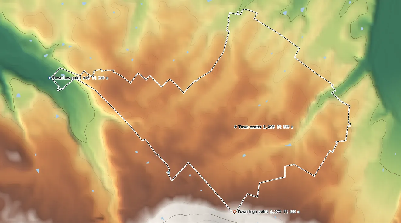 Topographic elevation map of Stanley, Virginia, shaded from 940 ft on the west side to 1,170 ft at the foot of the Massanutten Mountain