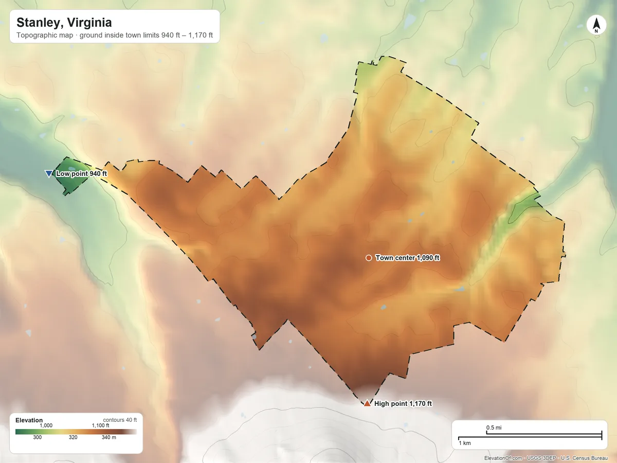 Topographic elevation map of Stanley, Virginia, shaded from 940 ft on the west side to 1,170 ft at the foot of the Massanutten Mountain