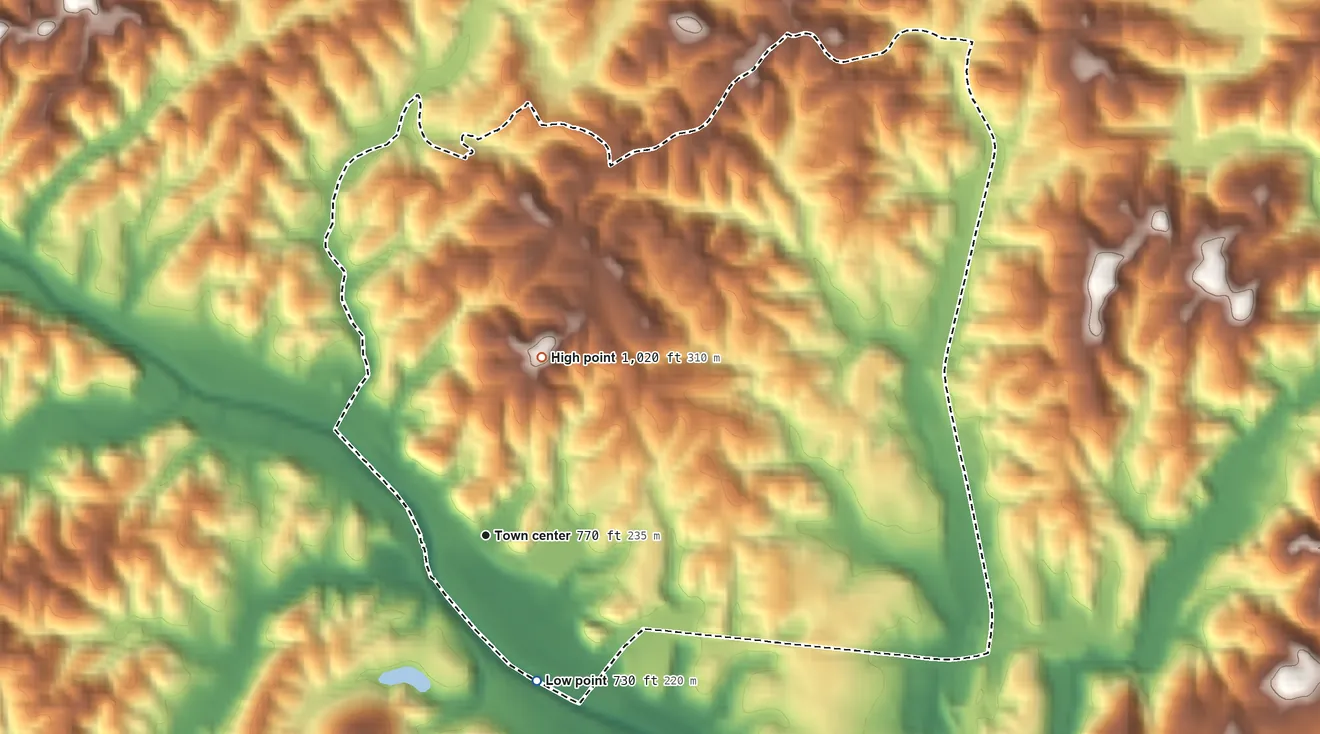 Topographic elevation map of Stanleytown, Virginia, shaded from 730 ft on the south side to 1,020 ft on the north side