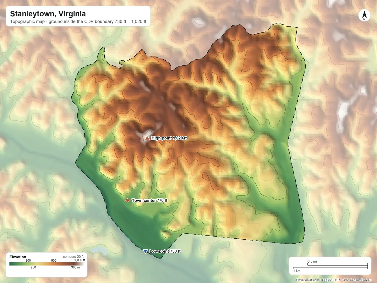 Topographic elevation map of Stanleytown, Virginia, shaded from 730 ft on the south side to 1,020 ft on the north side