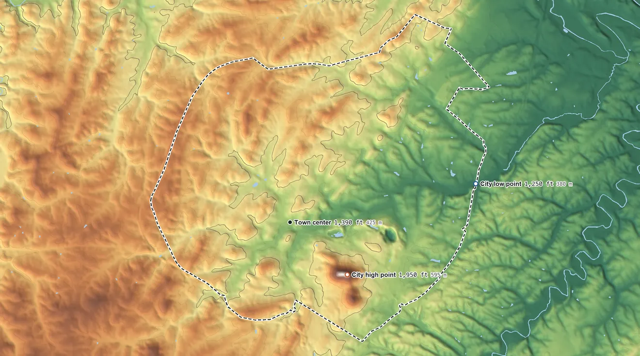 Topographic elevation map of Staunton, Virginia, shaded from 1,250 ft on the east side to 1,950 ft on Betsey Bell