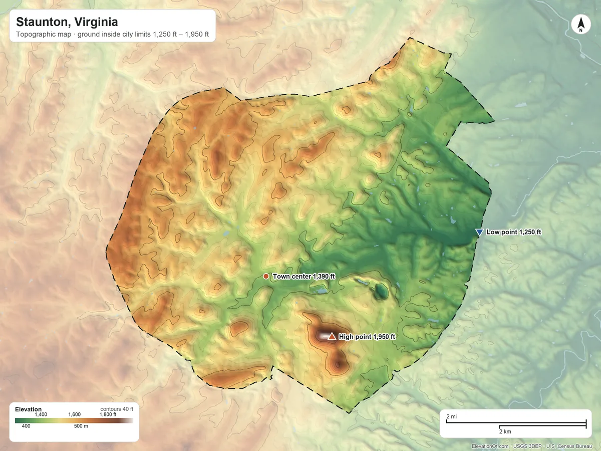Topographic elevation map of Staunton, Virginia, shaded from 1,250 ft on the east side to 1,950 ft on Betsey Bell