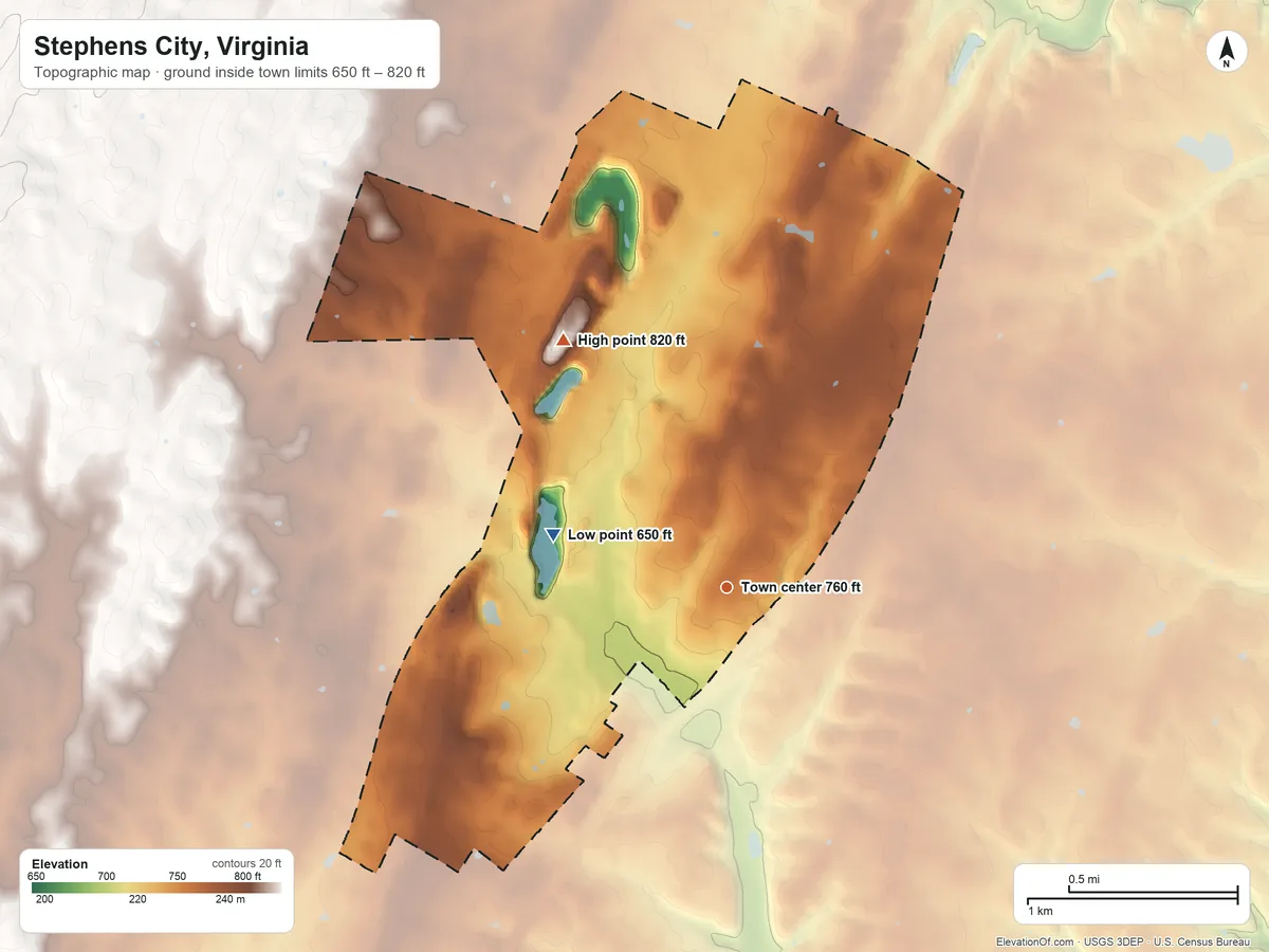 Topographic elevation map of Stephens City, Virginia, shaded from 650 ft on the west side to 820 ft on the northwest side