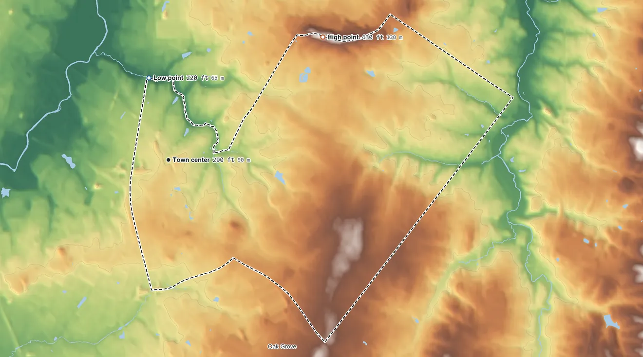 Topographic elevation map of Sterling, Virginia, shaded from 220 ft on the north side to 430 ft on Nokes Hill