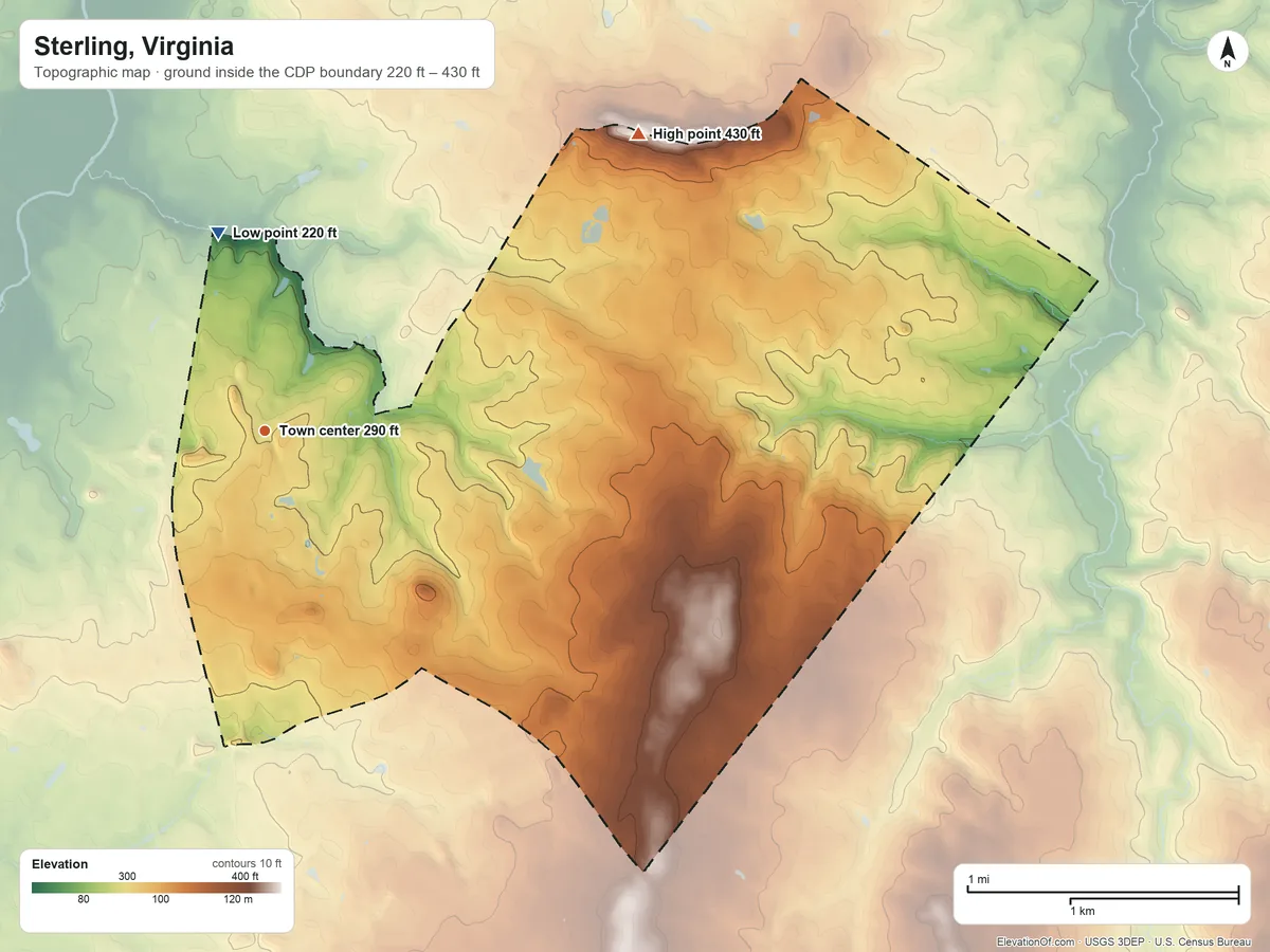 Topographic elevation map of Sterling, Virginia, shaded from 220 ft on the north side to 430 ft on Nokes Hill