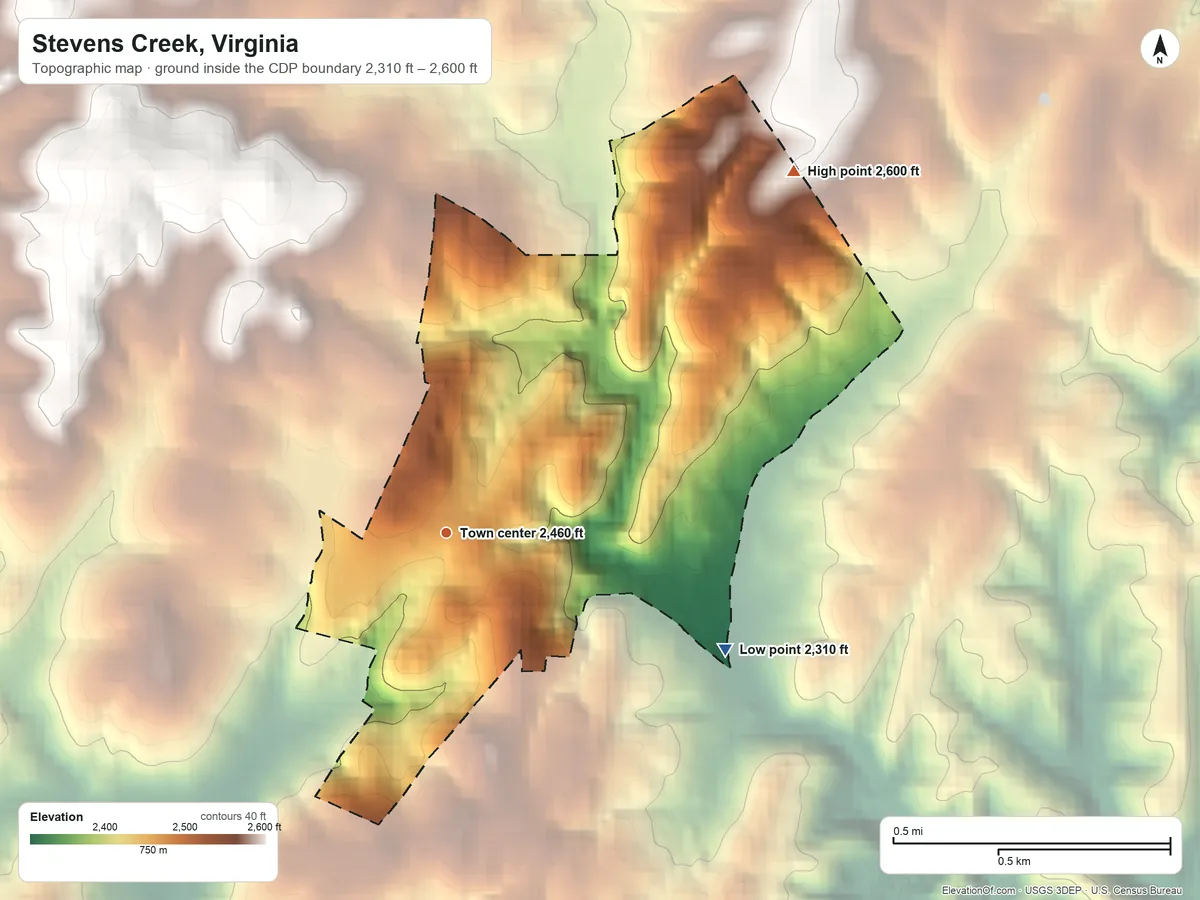 Topographic elevation map of Stevens Creek, Virginia, shaded from 2,310 ft on the southeast side to 2,600 ft on the northeast edge, below higher ground just outside