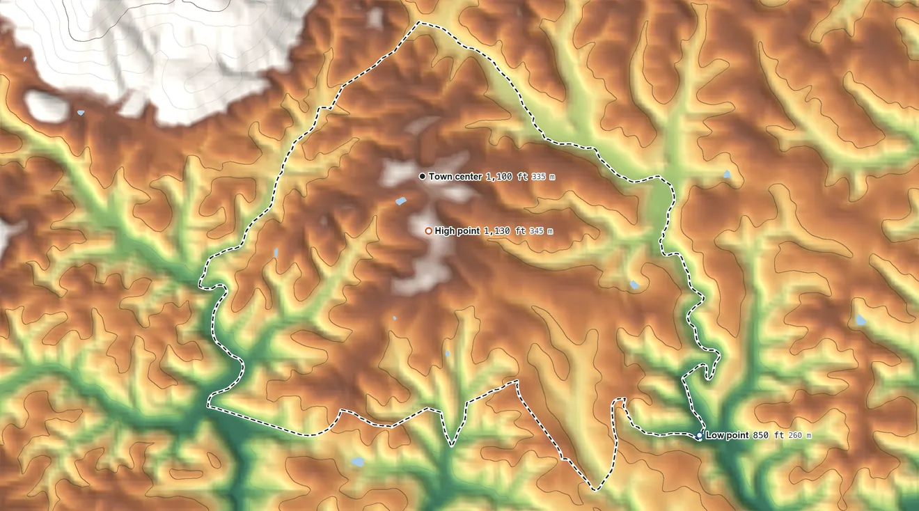 Topographic elevation map of Stewartsville, Virginia, shaded from 850 ft on the southeast side to 1,130 ft on the south edge, below higher ground just outside