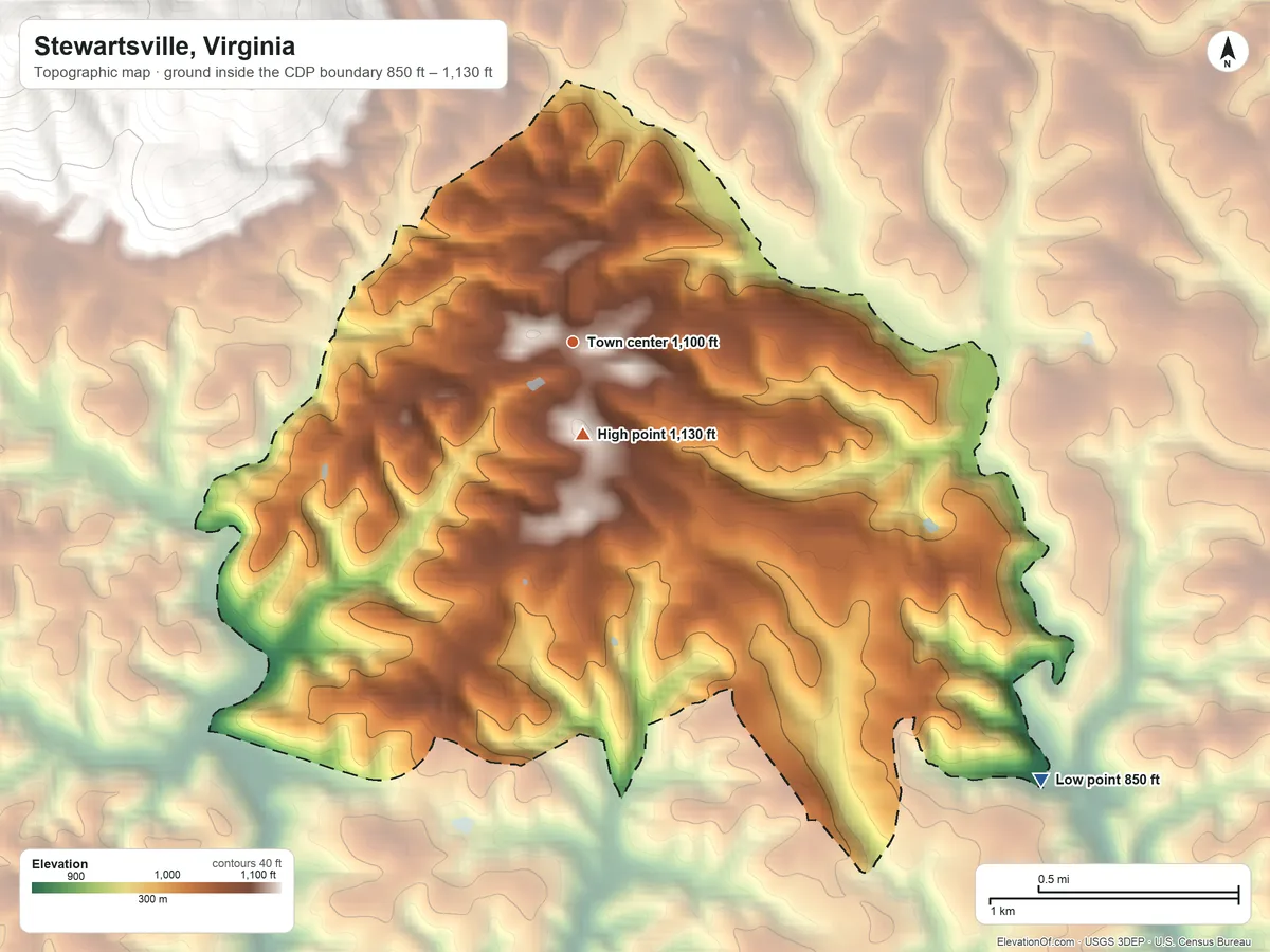 Topographic elevation map of Stewartsville, Virginia, shaded from 850 ft on the southeast side to 1,130 ft on the south edge, below higher ground just outside