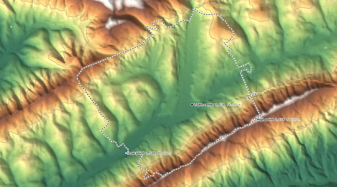 Topographic elevation map of Stickleyville, Virginia, shaded from 1,580 ft on the southwest side to 2,610 ft on the east side