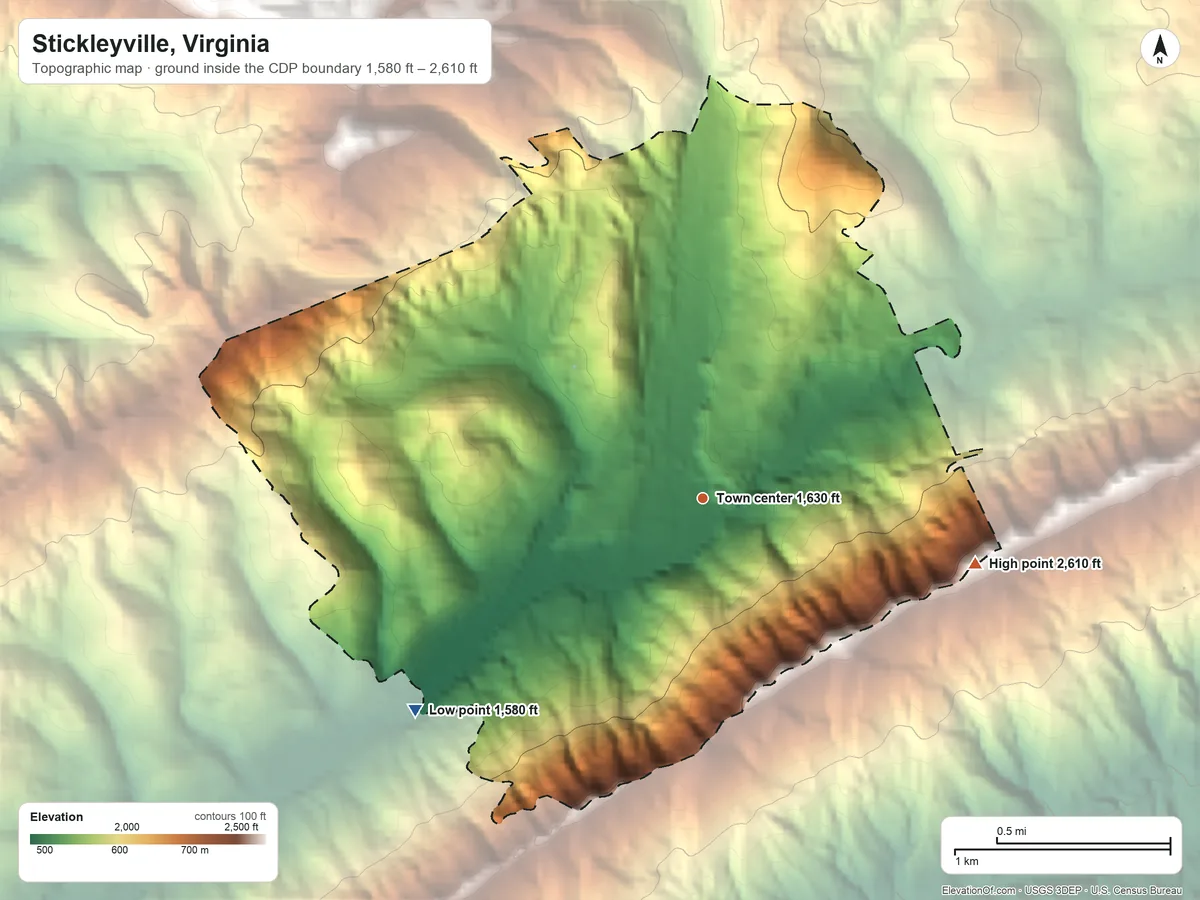 Topographic elevation map of Stickleyville, Virginia, shaded from 1,580 ft on the southwest side to 2,610 ft on the east side