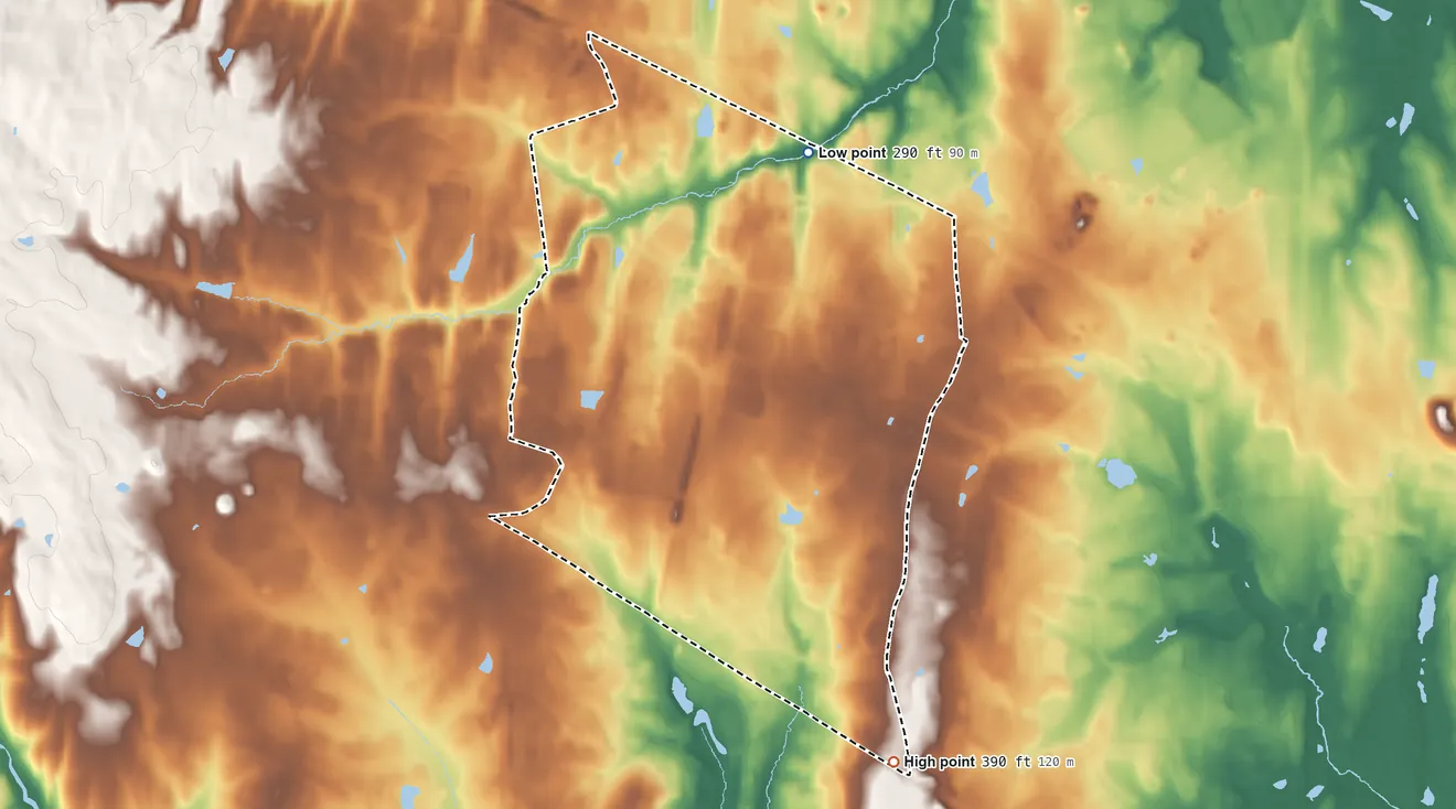 Topographic elevation map of Stone Ridge, Virginia, shaded from 290 ft on the north side to 390 ft on the south side