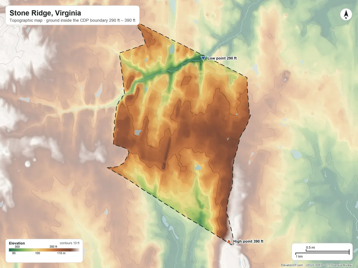 Topographic elevation map of Stone Ridge, Virginia, shaded from 290 ft on the north side to 390 ft on the south side
