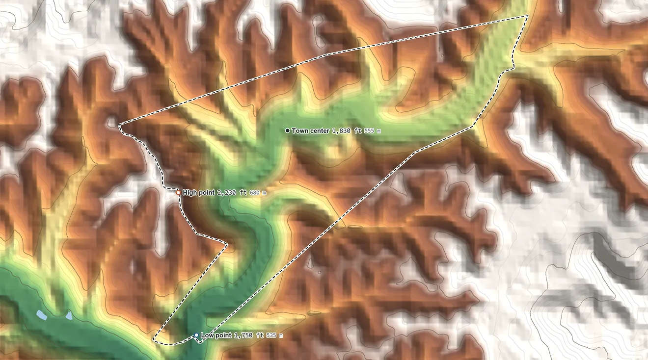 Topographic elevation map of Stonega, Virginia, shaded from 1,750 ft on the southwest side to 2,230 ft on the southwest edge, below higher ground just outside