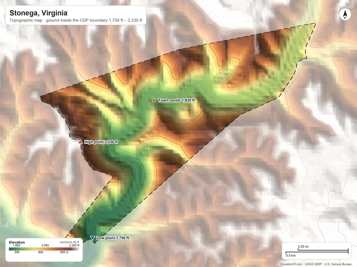 Topographic elevation map of Stonega, Virginia, shaded from 1,750 ft on the southwest side to 2,230 ft on the southwest edge, below higher ground just outside