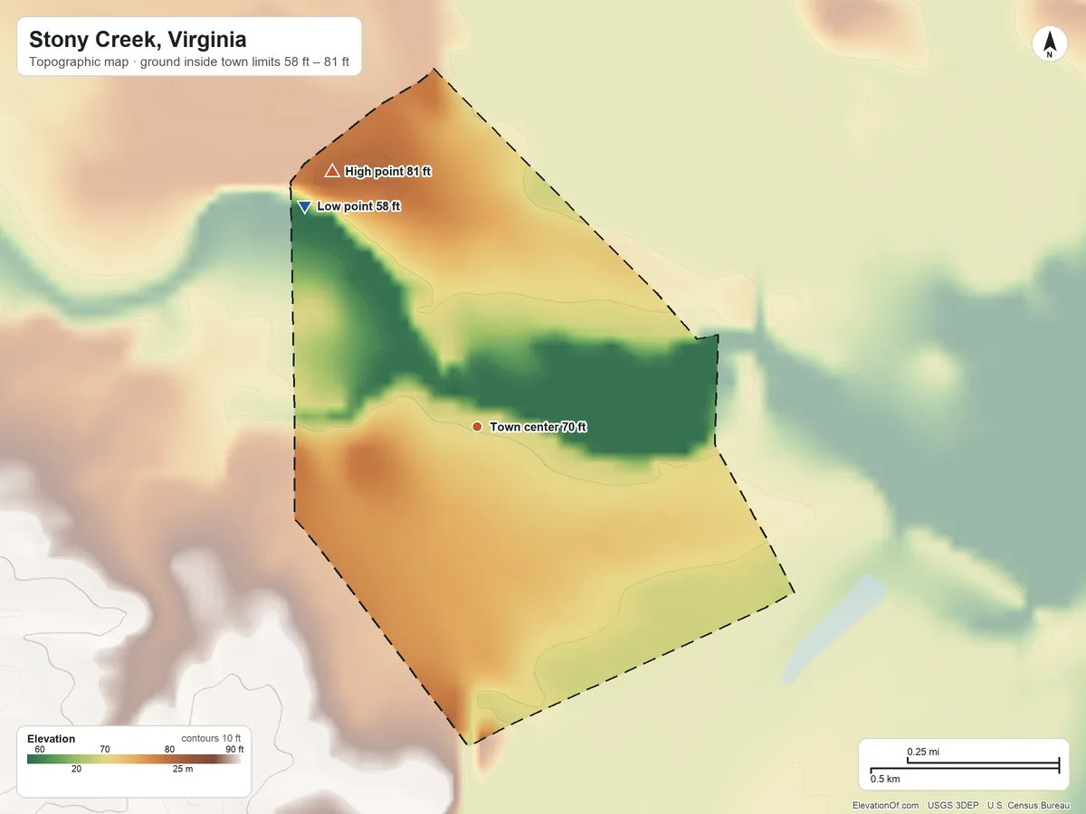 Topographic elevation map of Stony Creek, Virginia, shaded from 58 ft on the northwest side to 81 ft on the northwest side