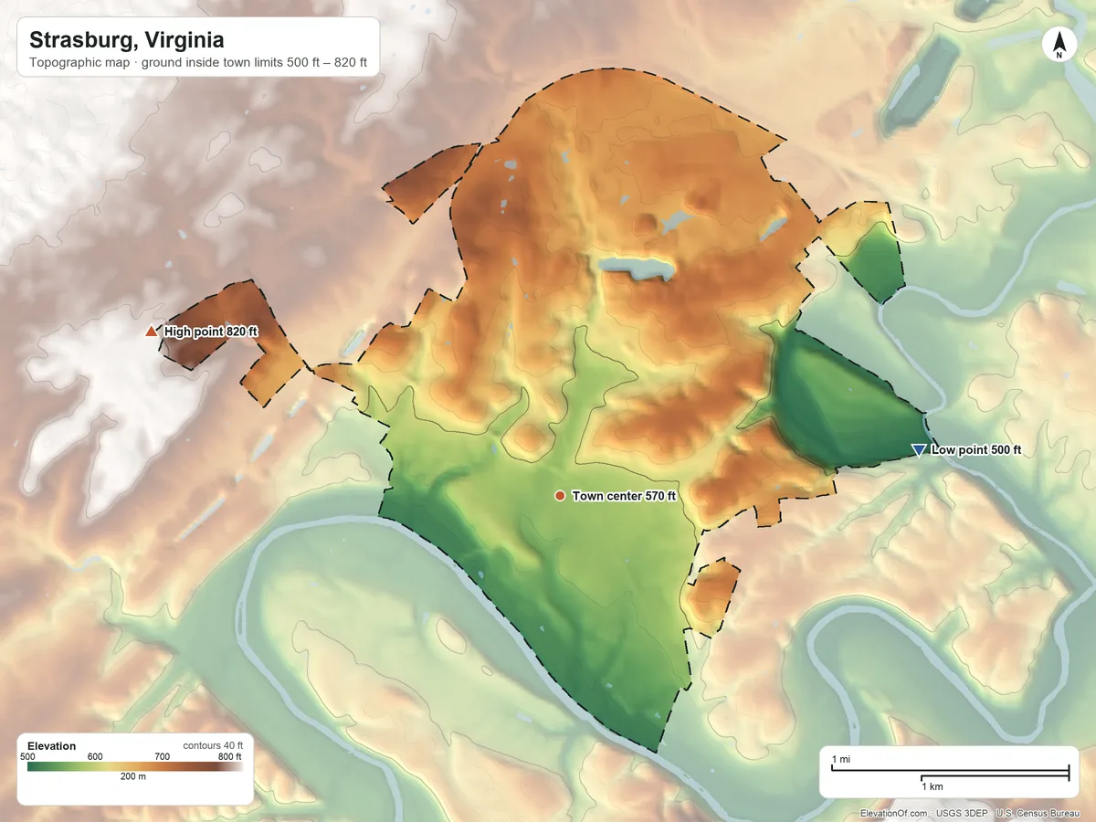 Topographic elevation map of Strasburg, Virginia, shaded from 500 ft on the east side to 820 ft on the west side