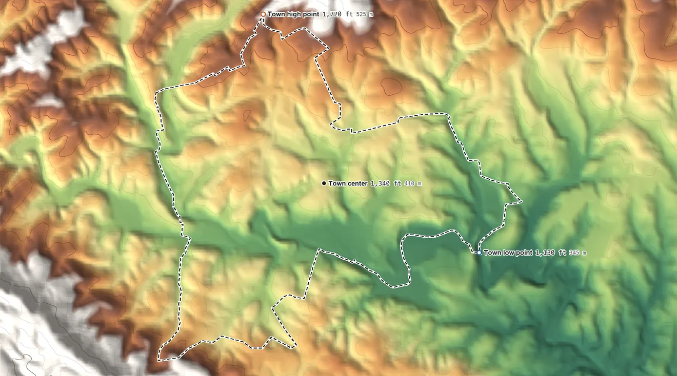Topographic elevation map of Stuart, Virginia, shaded from 1,130 ft on the southeast side to 1,720 ft on the north edge, below higher ground just outside