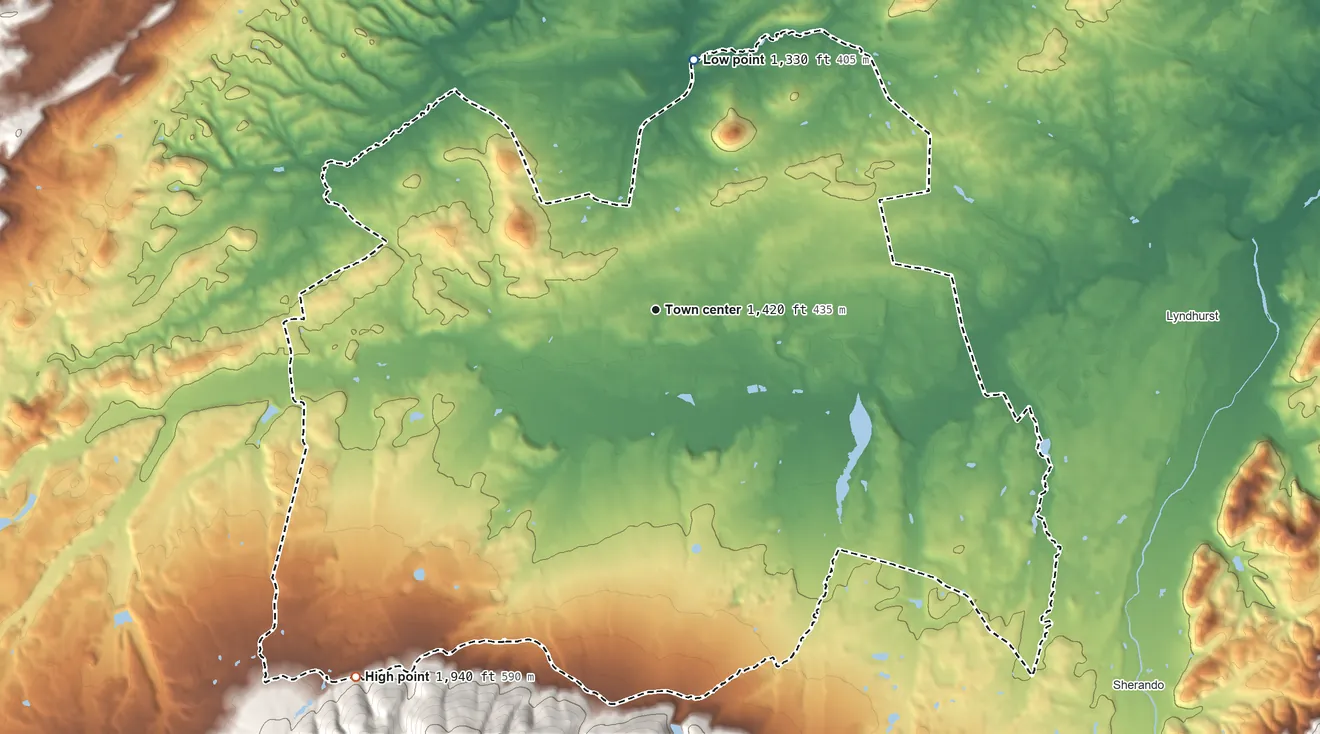 Topographic elevation map of Stuarts Draft, Virginia, shaded from 1,330 ft on the north side to 1,940 ft on the southwest edge, below higher ground just outside