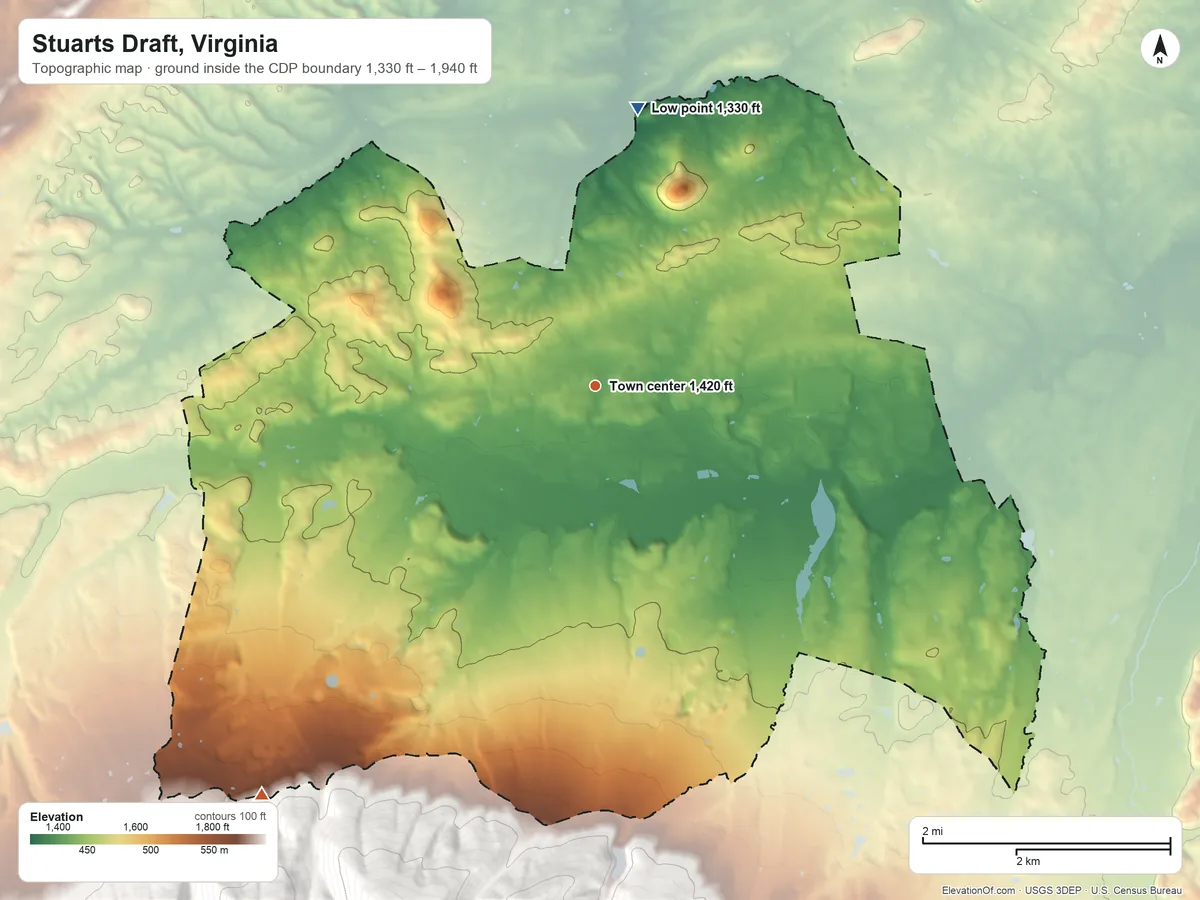 Topographic elevation map of Stuarts Draft, Virginia, shaded from 1,330 ft on the north side to 1,940 ft on the southwest edge, below higher ground just outside