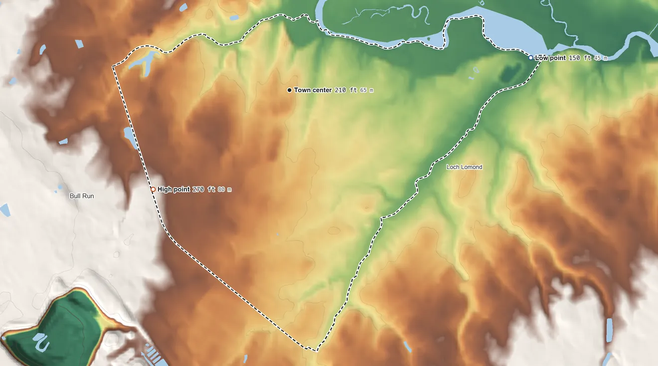 Topographic elevation map of Sudley, Virginia, shaded from 150 ft on the east side to 270 ft on the southwest side