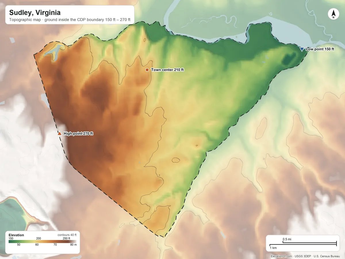 Topographic elevation map of Sudley, Virginia, shaded from 150 ft on the east side to 270 ft on the southwest side