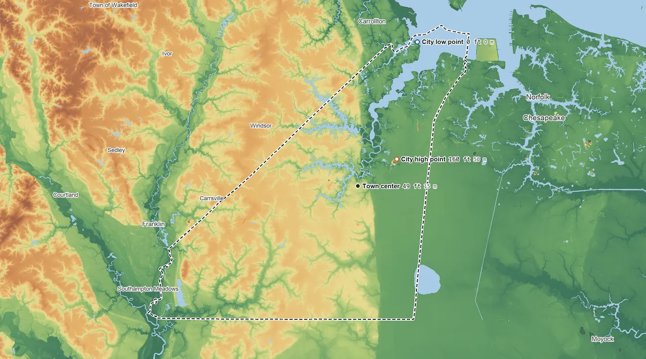 Topographic elevation map of Suffolk, Virginia, shaded from sea level level on the Hampton Roads to 160 ft near the middle