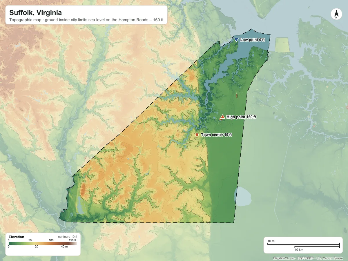 Topographic elevation map of Suffolk, Virginia, shaded from sea level level on the Hampton Roads to 160 ft near the middle