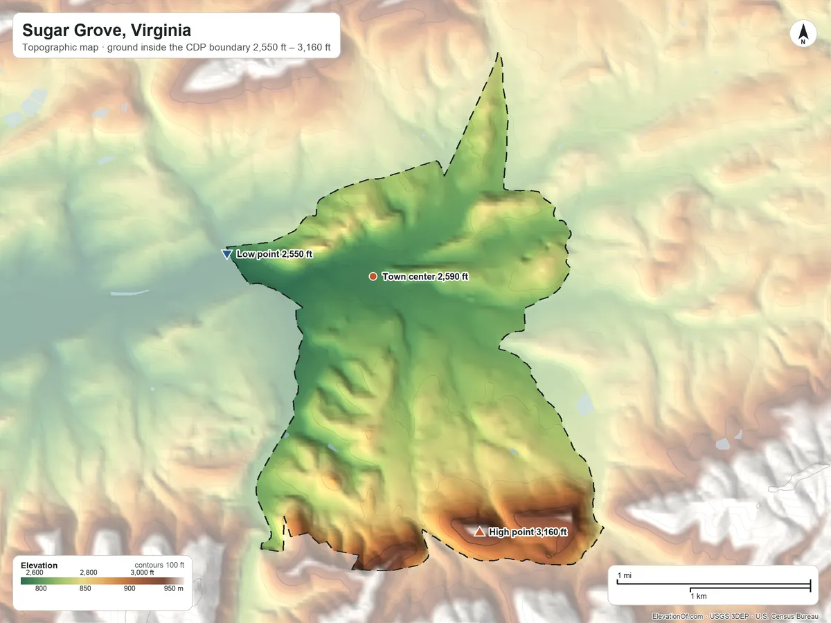 Topographic elevation map of Sugar Grove, Virginia, shaded from 2,550 ft on the west side to 3,160 ft on the southeast edge, below higher ground just outside