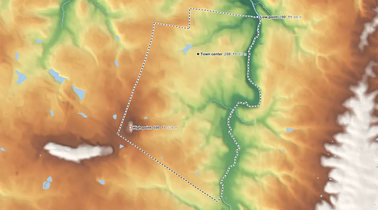 Topographic elevation map of Sugarland Run, Virginia, shaded from 200 ft on the northeast side to 400 ft on the southwest side