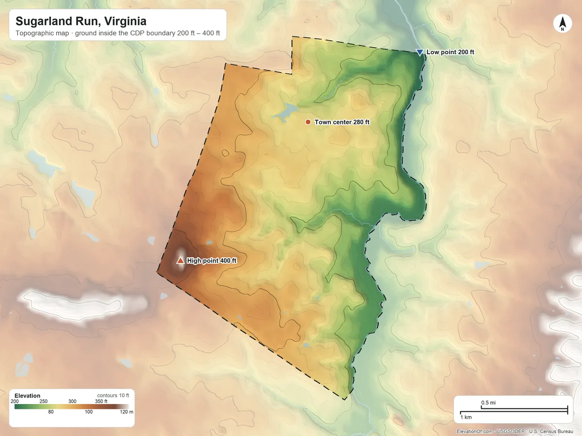 Topographic elevation map of Sugarland Run, Virginia, shaded from 200 ft on the northeast side to 400 ft on the southwest side