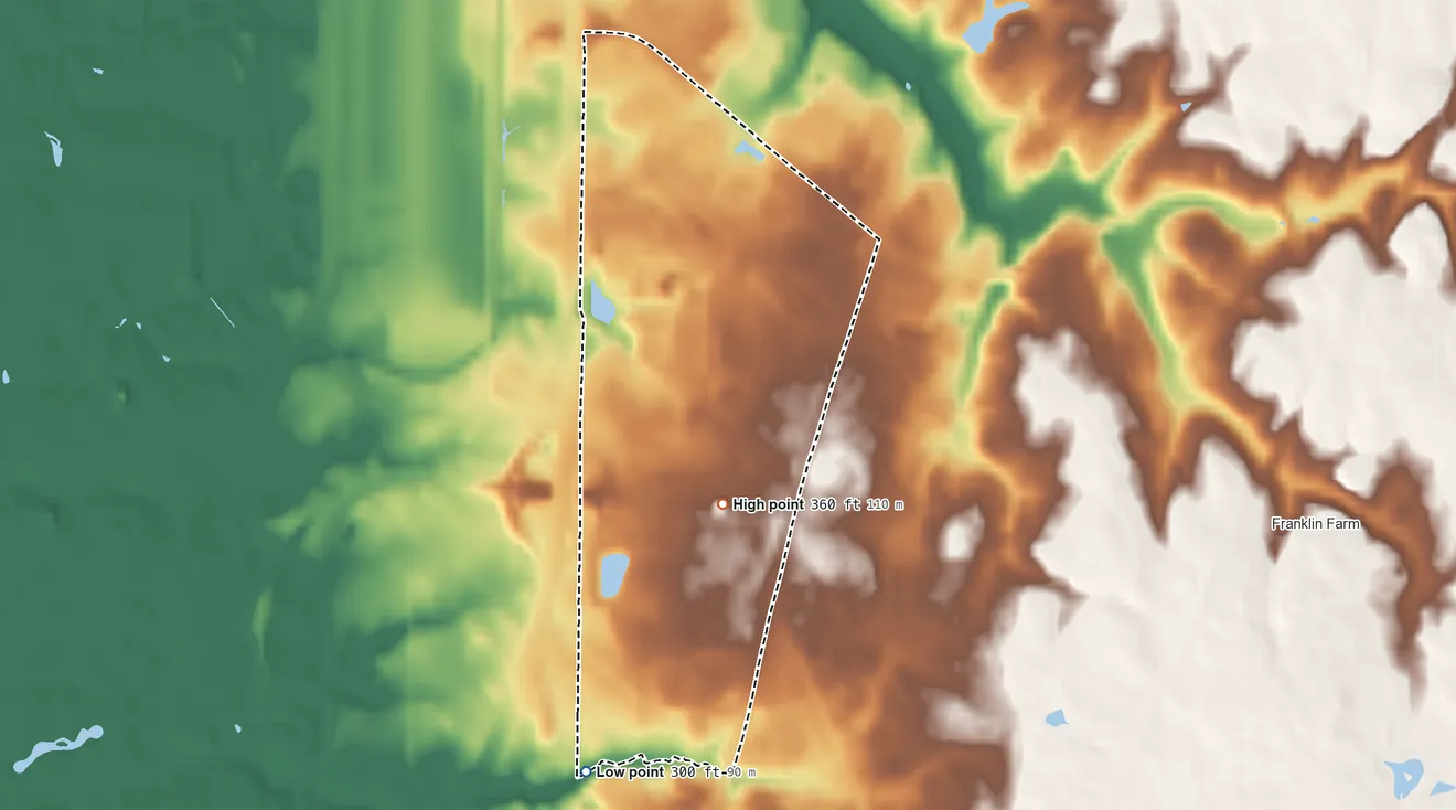 Topographic elevation map of Sully Square, Virginia, shaded from 300 ft on the south side to 360 ft on the south side