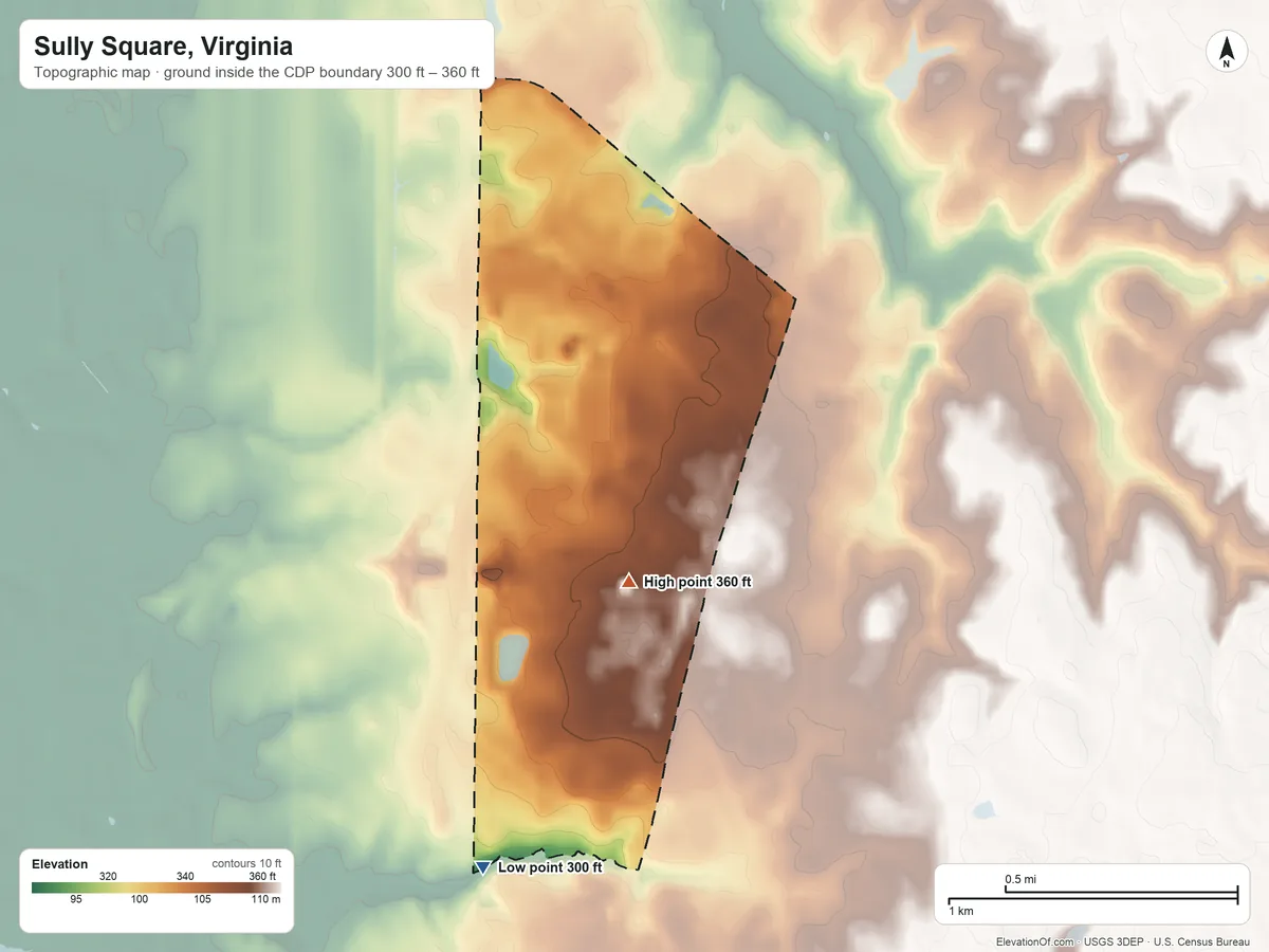 Topographic elevation map of Sully Square, Virginia, shaded from 300 ft on the south side to 360 ft on the south side