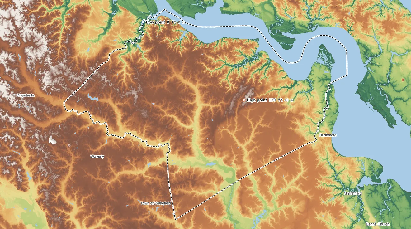 Topographic elevation map of Surry County, Virginia, shaded from 0 ft on the northwest side to 130 ft on the east side