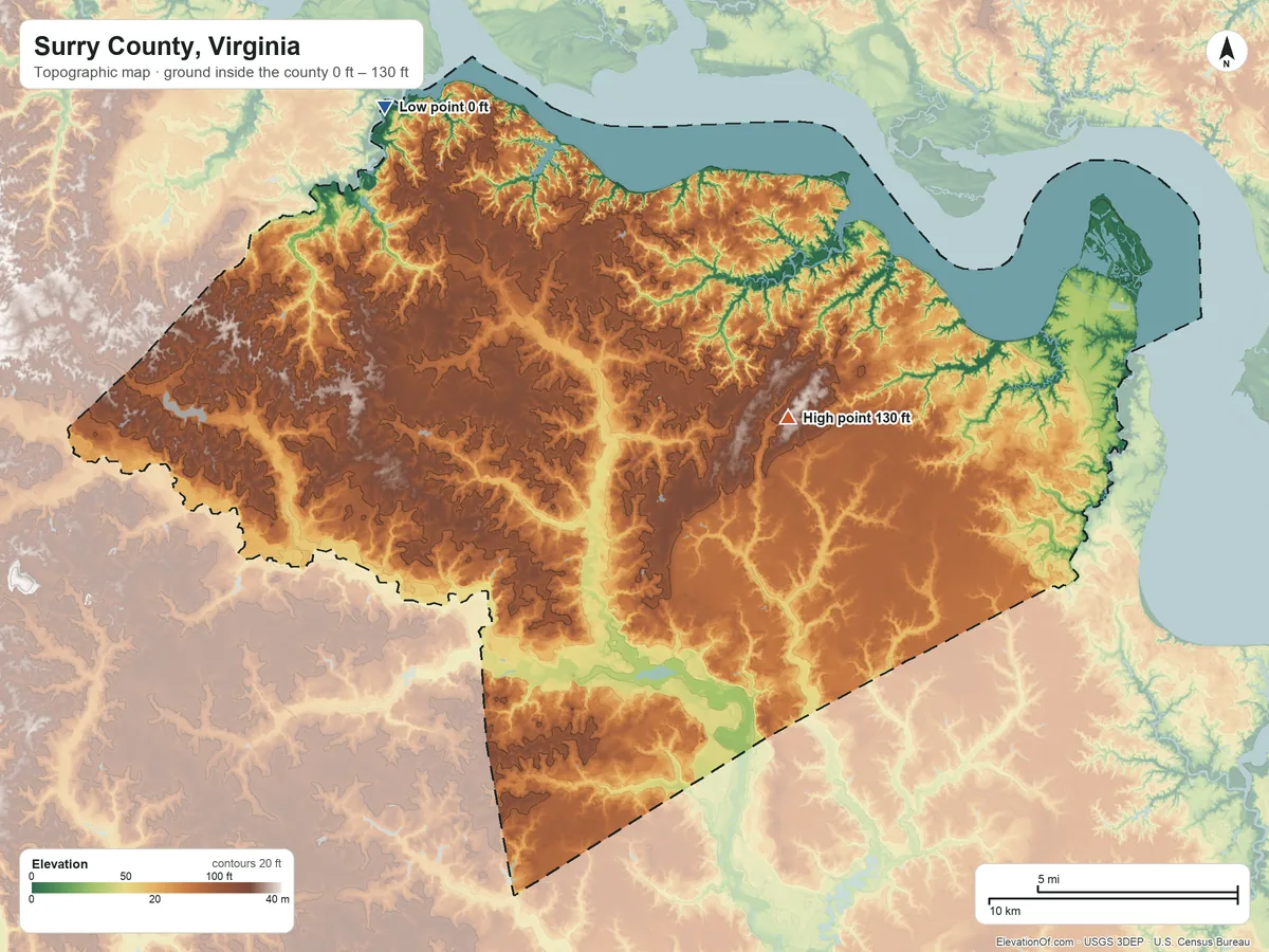 Topographic elevation map of Surry County, Virginia, shaded from 0 ft on the northwest side to 130 ft on the east side
