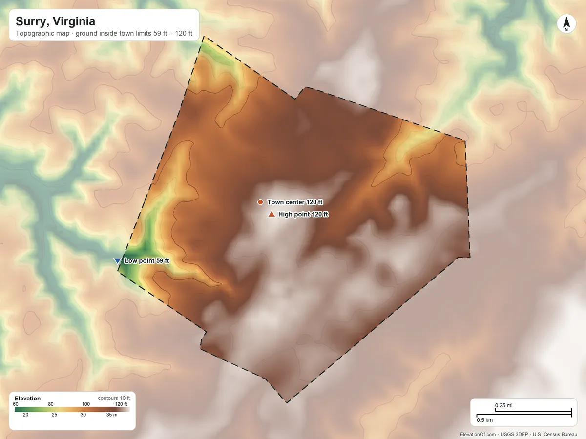 Topographic elevation map of Surry, Virginia, shaded from 59 ft on the west side to 120 ft near the middle