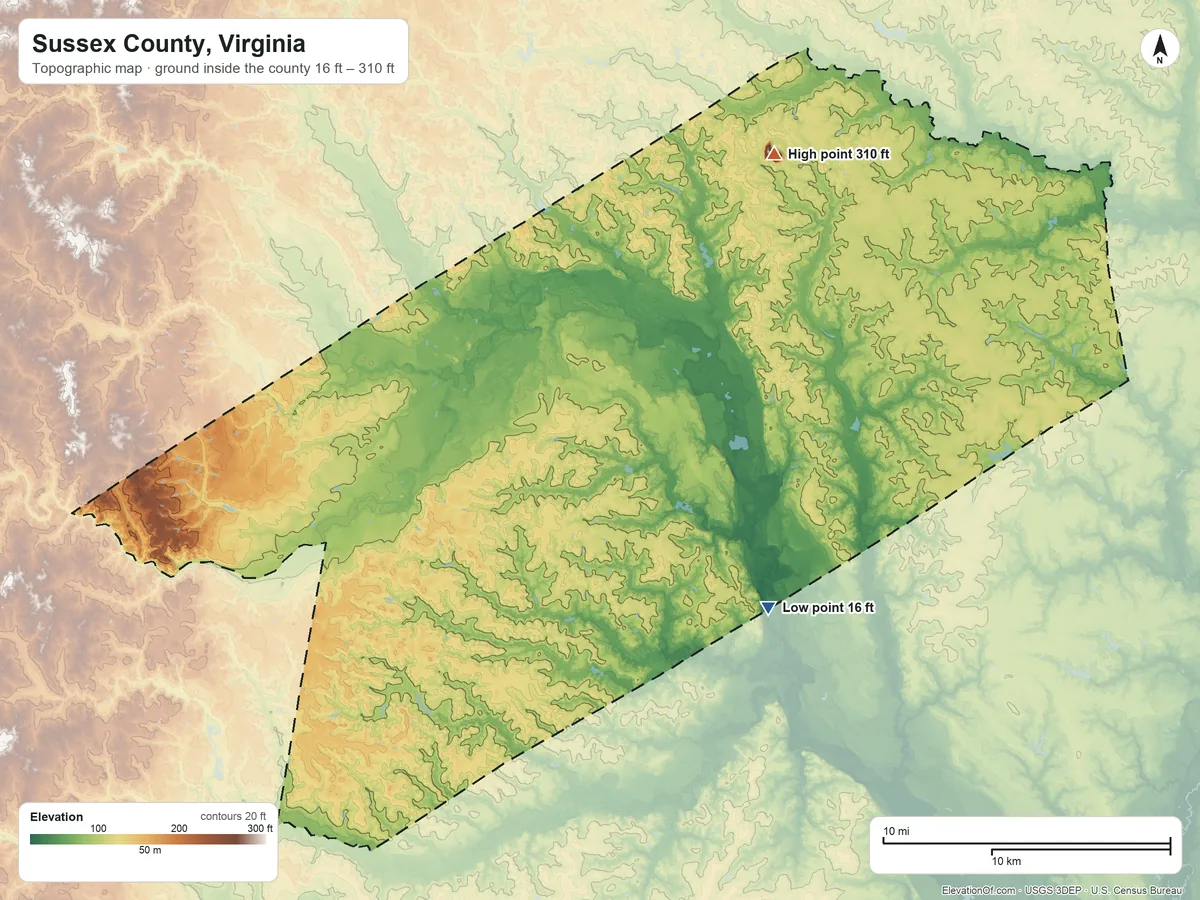 Topographic elevation map of Sussex County, Virginia, shaded from 16 ft on the southeast side to 310 ft on the northeast side