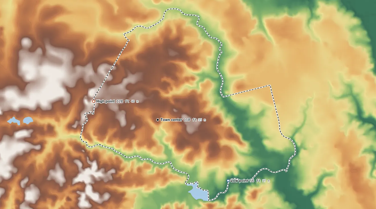 Topographic elevation map of Sussex, Virginia, shaded from 56 ft on the southeast side to 120 ft on the west side