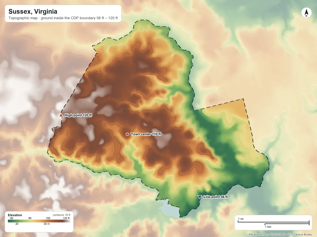 Topographic elevation map of Sussex, Virginia, shaded from 56 ft on the southeast side to 120 ft on the west side