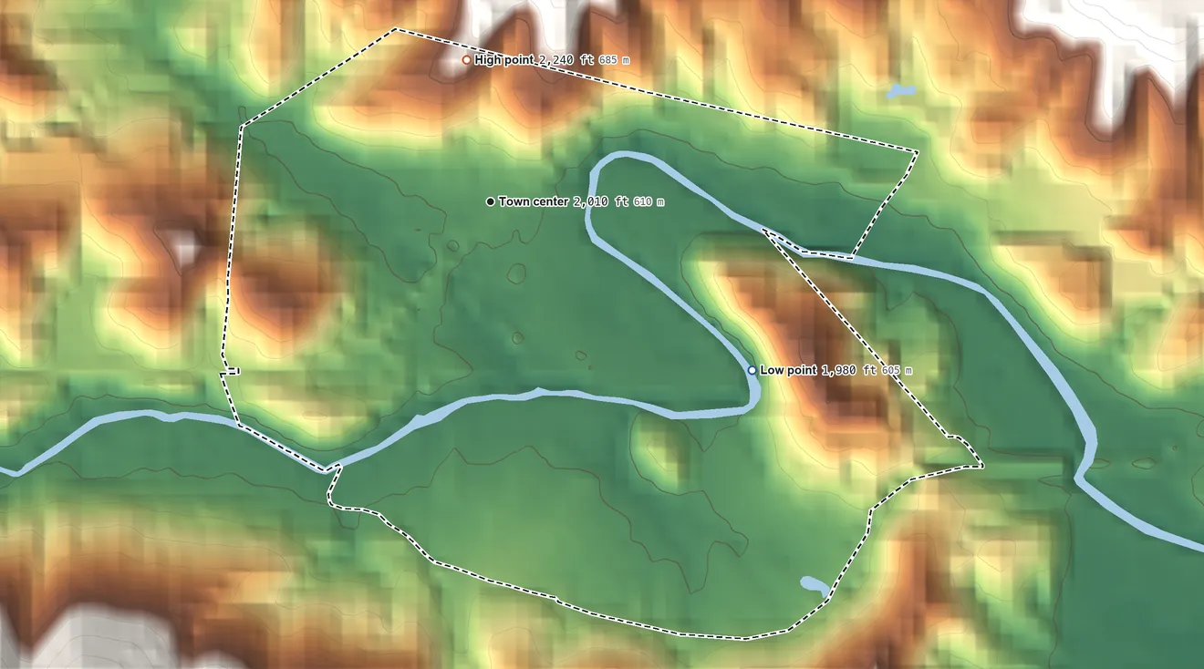 Topographic elevation map of Tacoma, Virginia, shaded from 1,980 ft on the southeast side to 2,240 ft on the north edge, below higher ground just outside