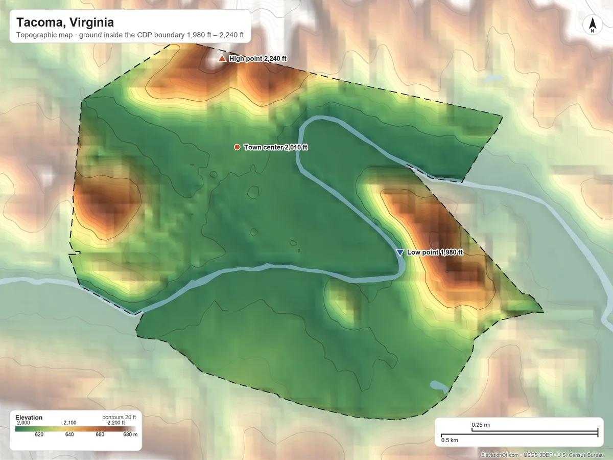 Topographic elevation map of Tacoma, Virginia, shaded from 1,980 ft on the southeast side to 2,240 ft on the north edge, below higher ground just outside