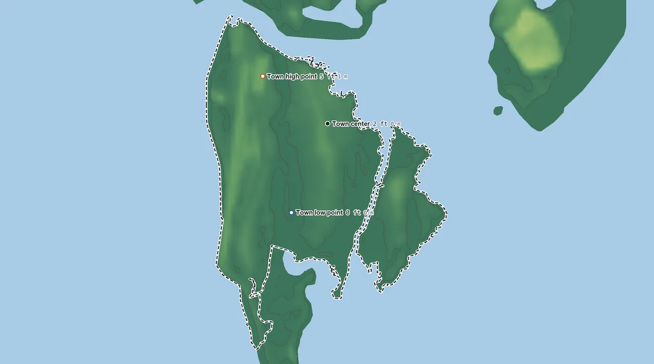 Topographic elevation map of Tangier, Virginia, shaded from sea level level on Chesapeake Bay to 5 ft on the northwest side