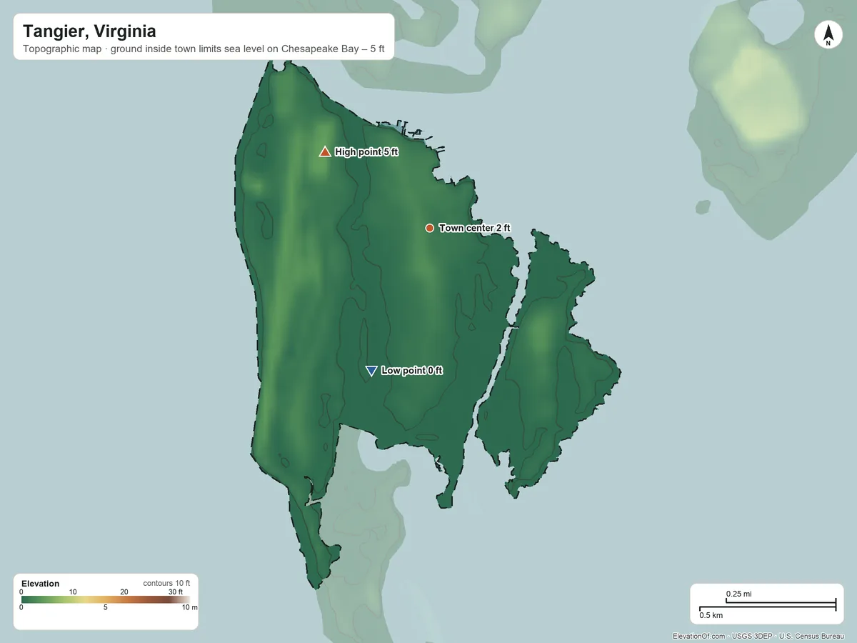 Topographic elevation map of Tangier, Virginia, shaded from sea level level on Chesapeake Bay to 5 ft on the northwest side