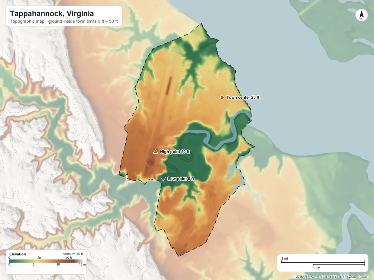 Topographic elevation map of Tappahannock, Virginia, shaded from 0 ft on the southwest side to 50 ft on the southwest side
