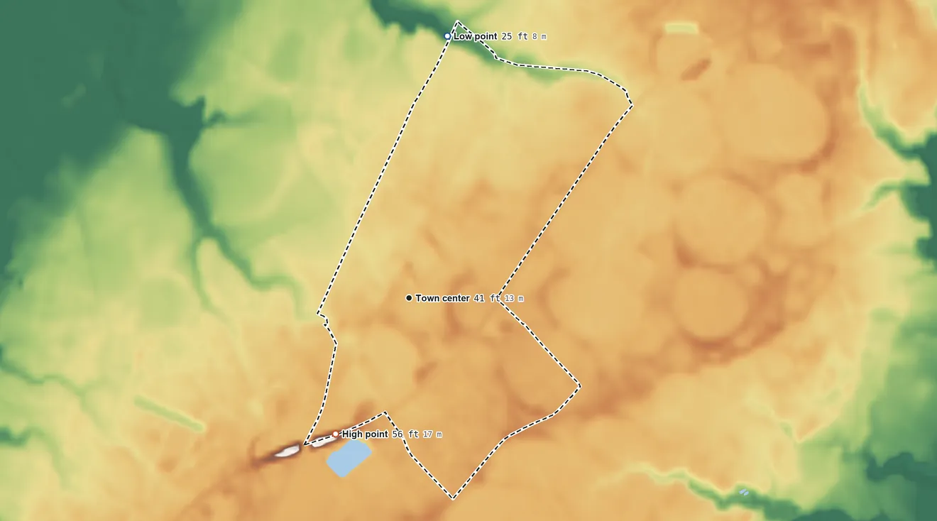 Topographic elevation map of Tasley, Virginia, shaded from 25 ft on the north side to 56 ft on the southwest side